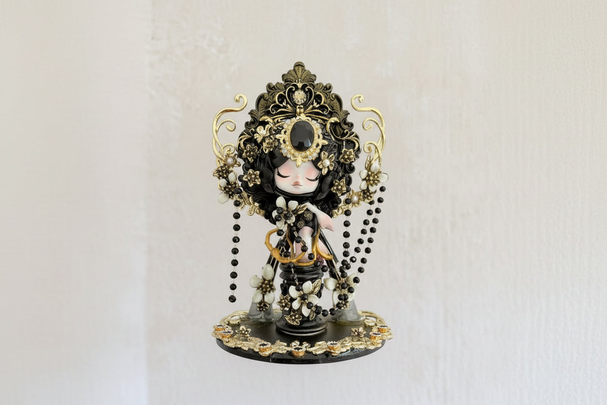Black and gold chrome traditional style SkullPanda collectible doll