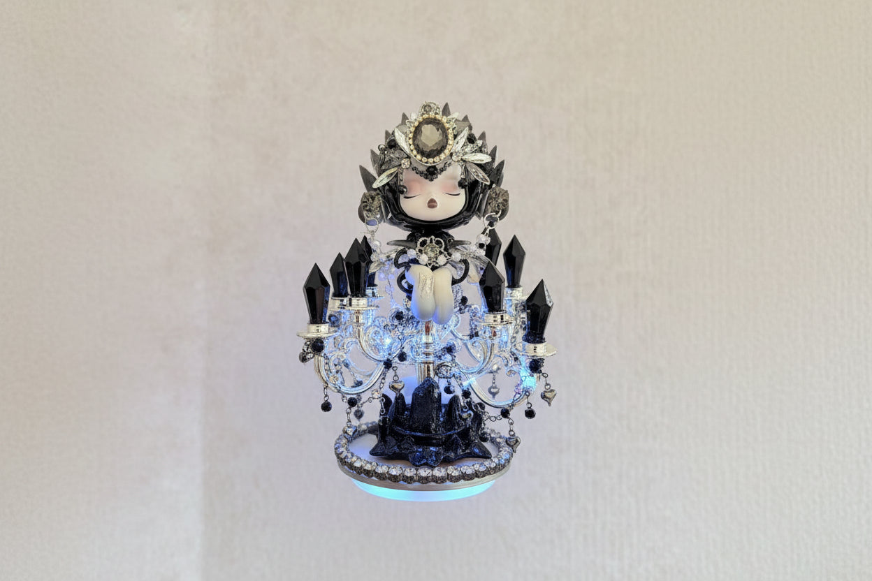 Black, silver crystal style customized SkullPanda doll.