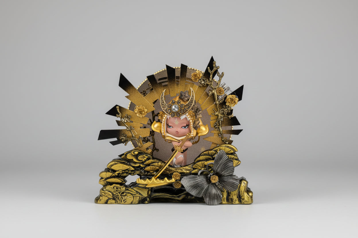 Black, Gold, white chrome painted tribal warrior themed SkullPanda doll cuztomized