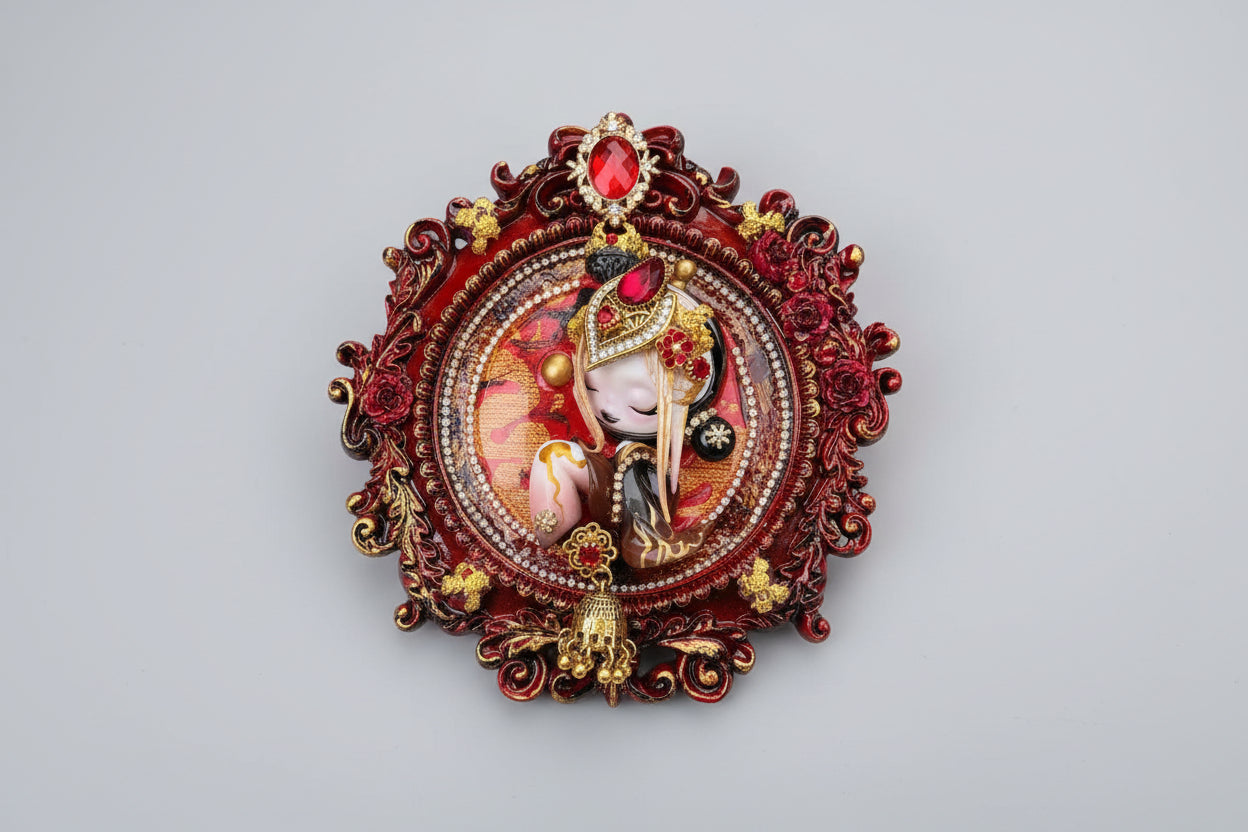Circular red and golds traditional style customized Skullpanda doll