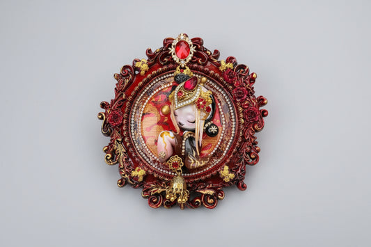 Circular red and golds traditional style customized Skullpanda doll