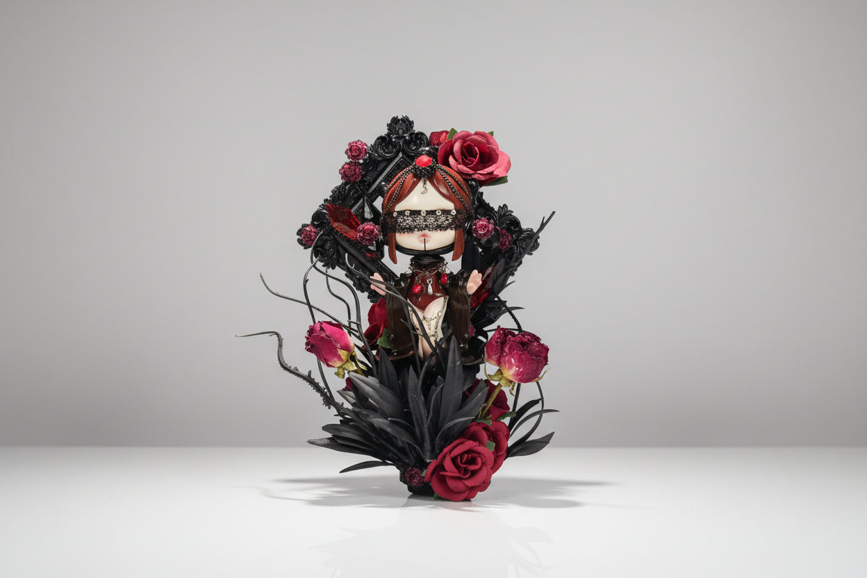 Black and red rose custom skullpanda doll authentic