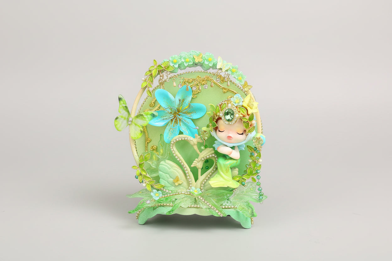 Green, yellow and cyan Spring styled authentic customized Skull Panda doll