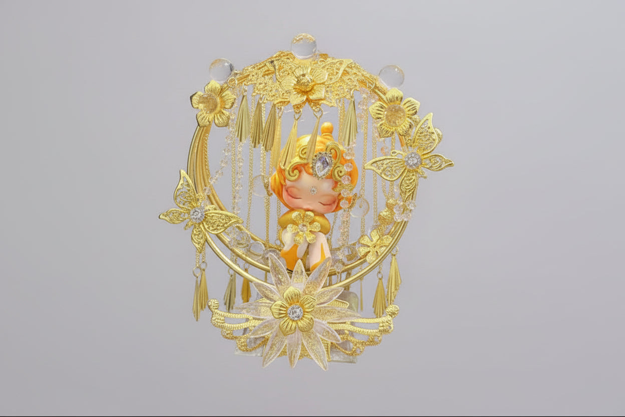 Fancy Gold flower and butterfly tassle customized SkullPanda doll